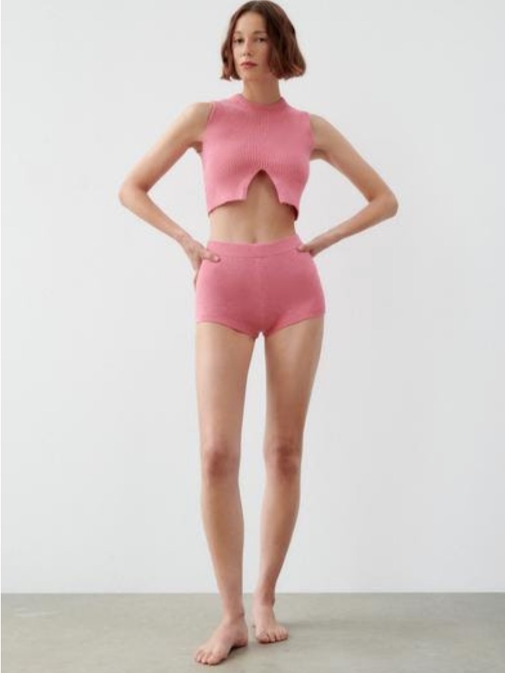 Zara Pink Cropped Terry Knit Top with Cut Out